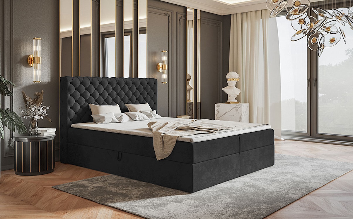 Łóżko kontynentalne 140x200 cm Balzetti z pikowanym wezgłowiem z pojemnikami i topperem materac pocketowy ciemnoszare  - zdjęcie 2