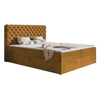 Łóżko kontynentalne 160x200 cm Balzetti z pikowanym wezgłowiem z pojemnikami i topperem materac pocketowy musztardowe