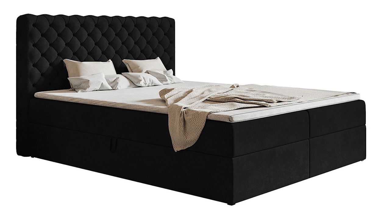 Łóżko kontynentalne 180x200 cm Balzetti z pikowanym wezgłowiem z pojemnikami i topperem materac pocketowy czarne