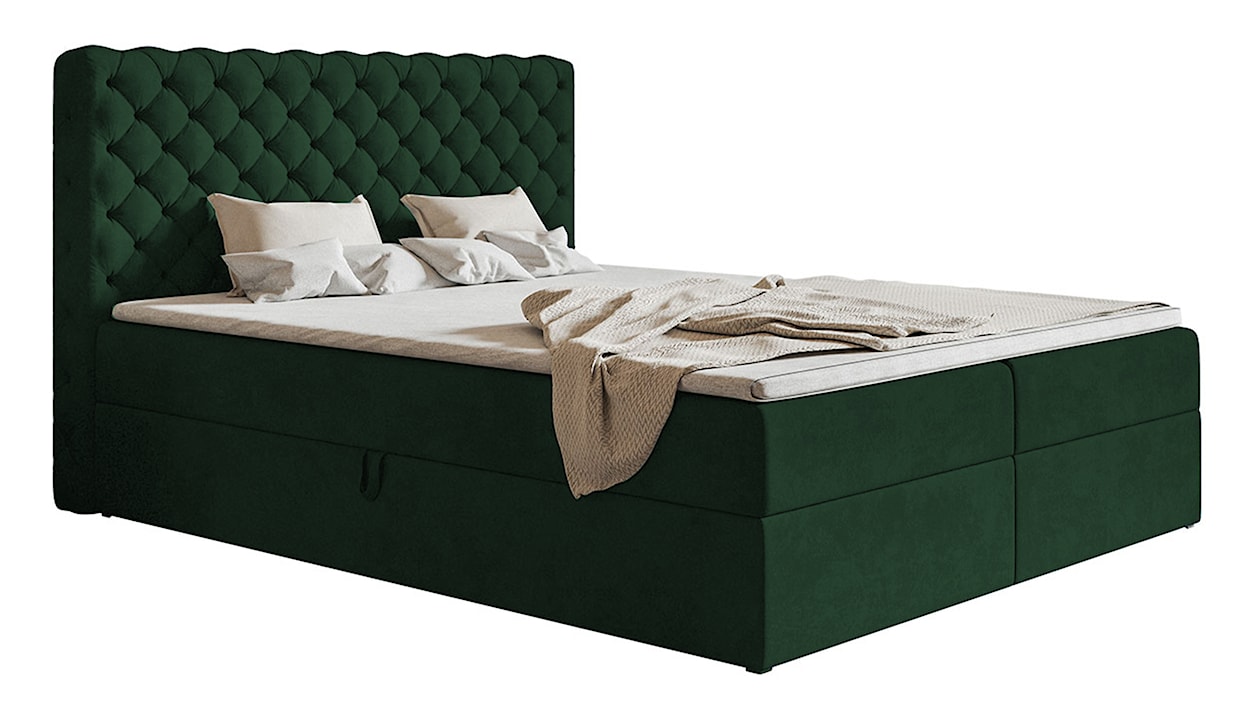 Łóżko kontynentalne 140x200 cm Balzetti z pikowanym wezgłowiem z pojemnikami i topperem materac pocketowy ciemnozielone