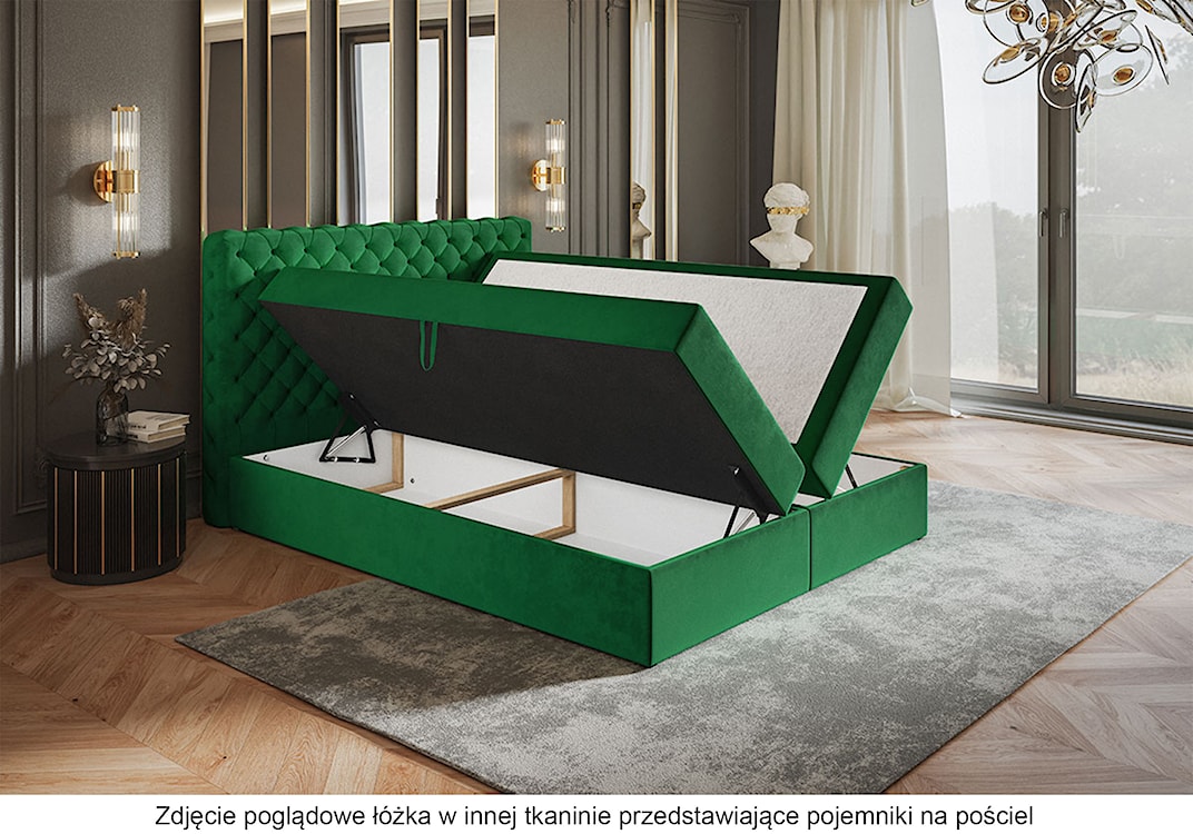 Łóżko kontynentalne 140x200 cm Balzetti z pikowanym wezgłowiem z pojemnikami i topperem materac pocketowy ciemnozielone  - zdjęcie 3