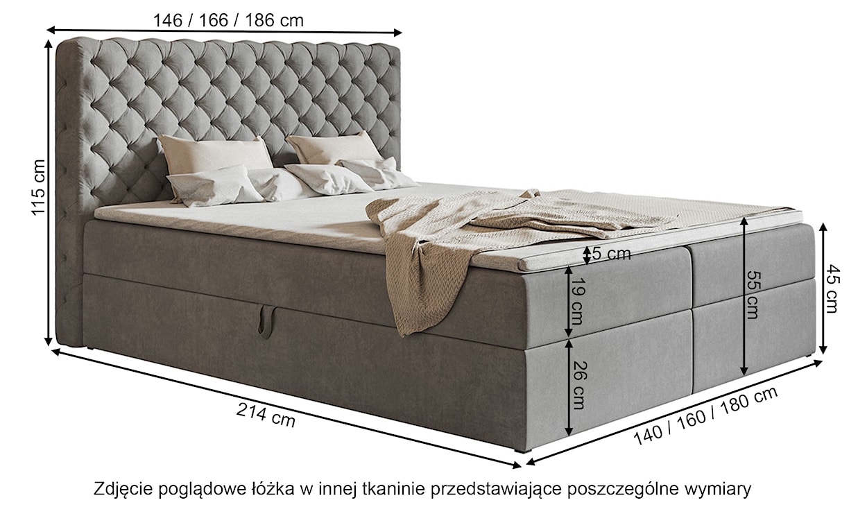 Łóżko kontynentalne 140x200 cm Balzetti z pikowanym wezgłowiem z pojemnikami i topperem materac pocketowy ciemnoszare  - zdjęcie 4