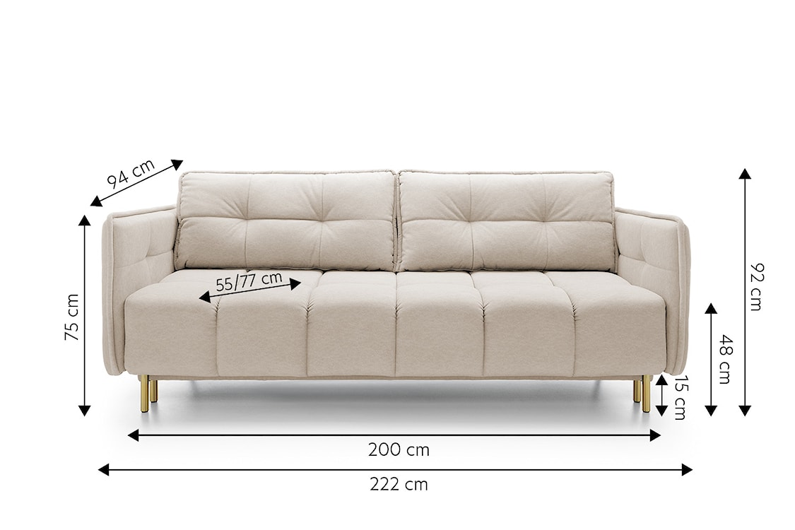 Kanapa rozkładana trzyosobowa Portosello ze sprężyną pocketową i pojemnikiem na złotych nóżkach beżowy velvet łatwoczyszczący  - zdjęcie 13