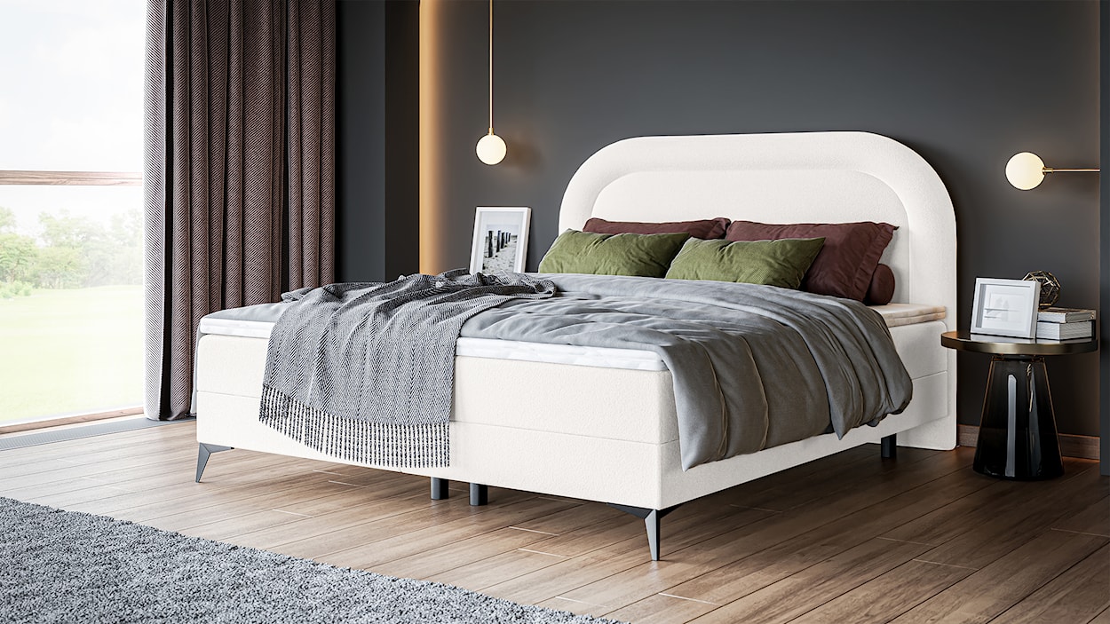 Łóżko kontynentalne 160x200 cm Loreo z Topperem i pojemnikami kremowe boucle  - zdjęcie 3