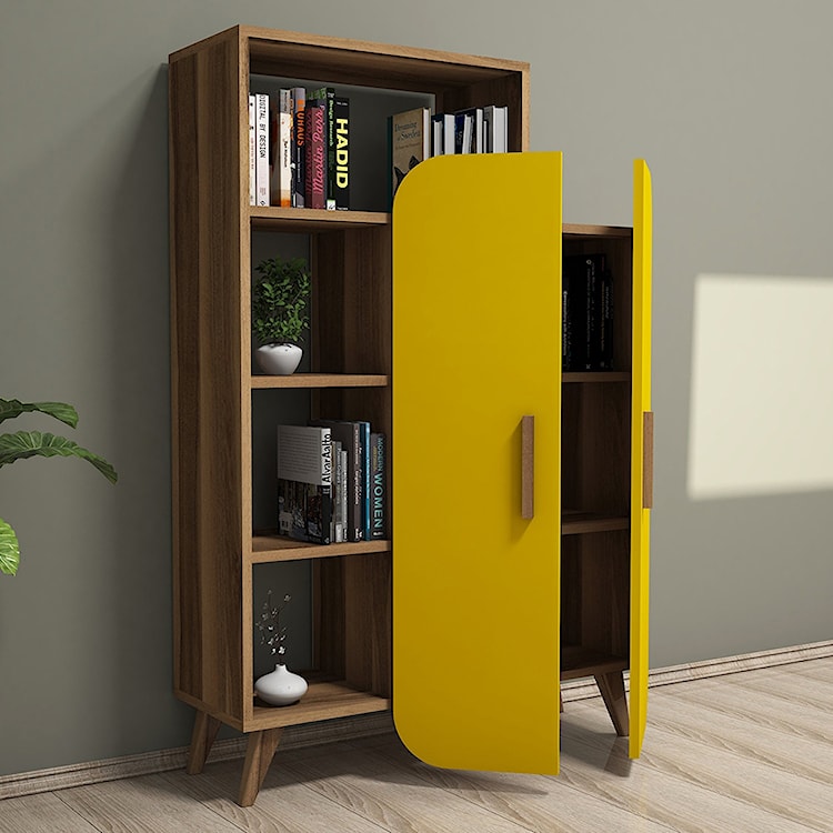 Regał na książki Firno z żółtymi drzwiami orzech  - zdjęcie 5