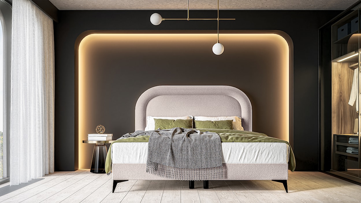 Łóżko kontynentalne 160x200 cm Loreo z Topperem i pojemnikami jasnobeżowe boucle  - zdjęcie 2