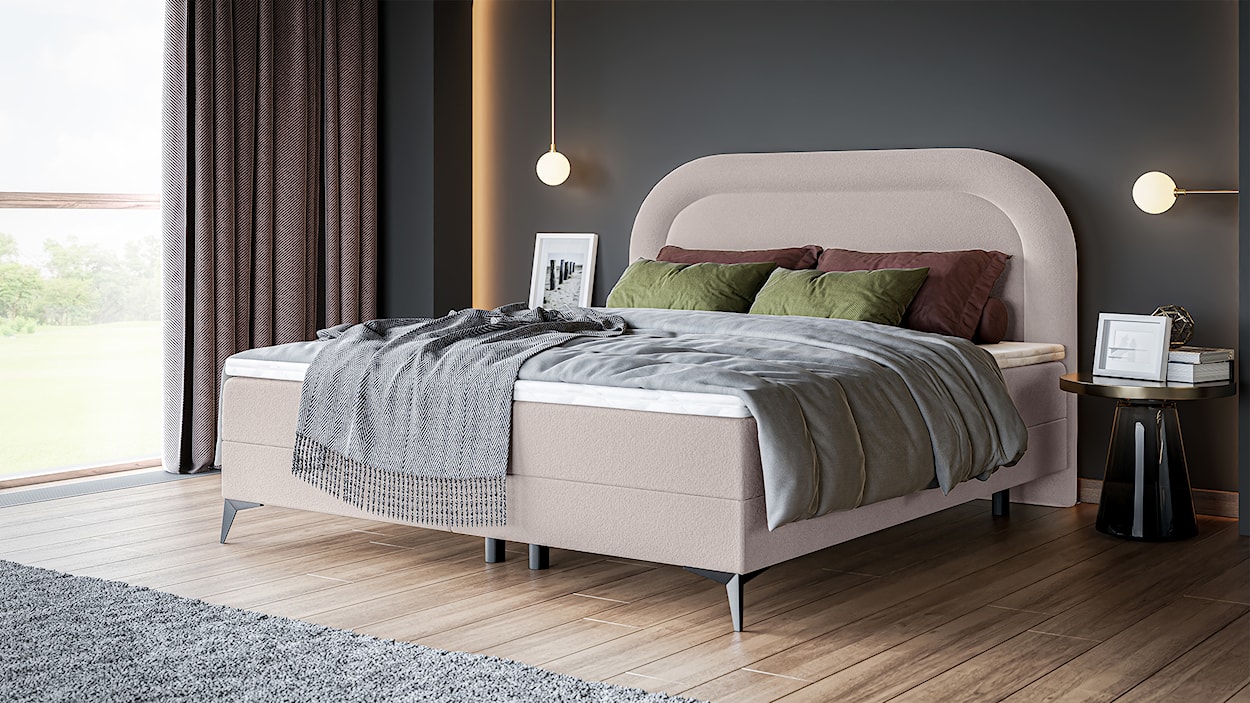 Łóżko kontynentalne 140x200 cm Loreo z Topperem i pojemnikami jasnobeżowe boucle  - zdjęcie 3