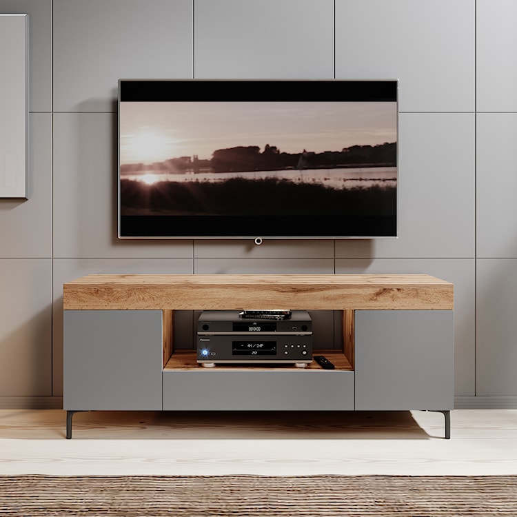 Szafka RTV Gusto 137 cm Dąb lancaster / szary mat z oświetleniem  - zdjęcie 4