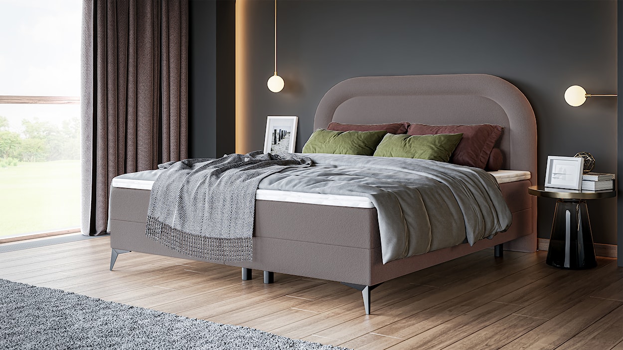 Łóżko kontynentalne 140x200 cm Loreo z Topperem i pojemnikami jasnobrązowe boucle  - zdjęcie 3