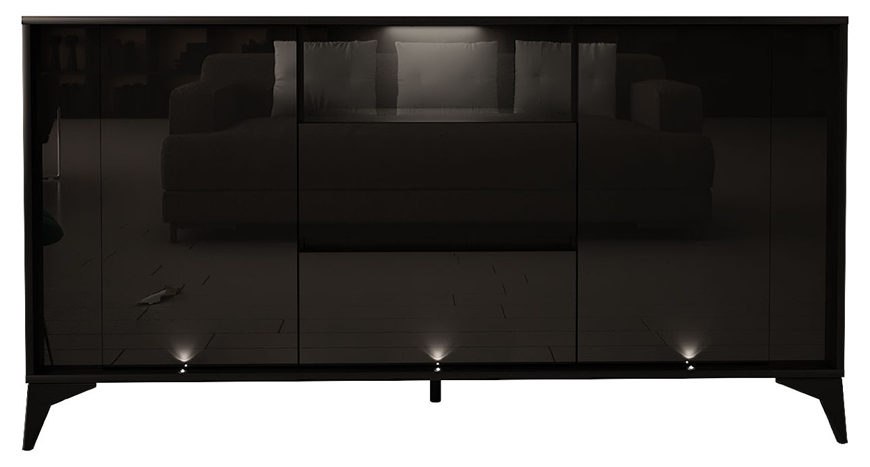 Komoda dwudrzwiowa Kovlar 160 cm z dwiema szufladami czarna / czarny połysk z led 