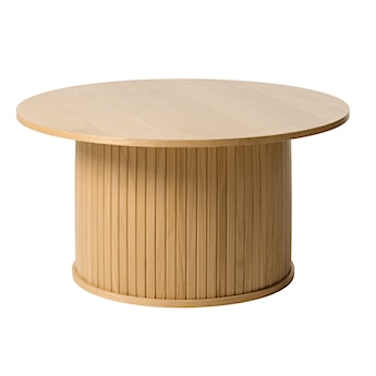 Okrągły stolik drewniany Gativel 90 cm z okrągłą podstawą lamele naturalny dąb