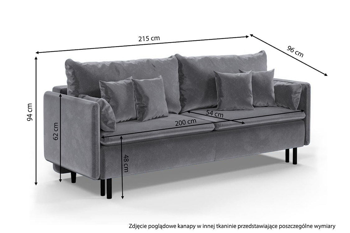 Kanapa rozkładana trzyosobowa Gennario z pojemnikiem na czarnych nogach ciemnoszara welur łatwoczyszczący  - zdjęcie 5