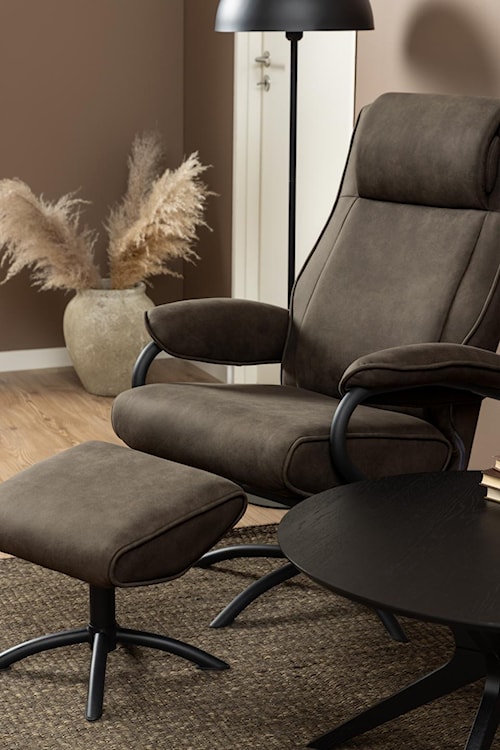 Fotel obrotowy z podnóżkiem Cadisco brązowy z metalową czarną podstawą  - zdjęcie 2