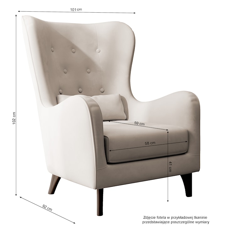 Fotel wypoczynkowy z podnóżkiem uszak Calmino jasnobeżowy welur nóżki wenge  - zdjęcie 7