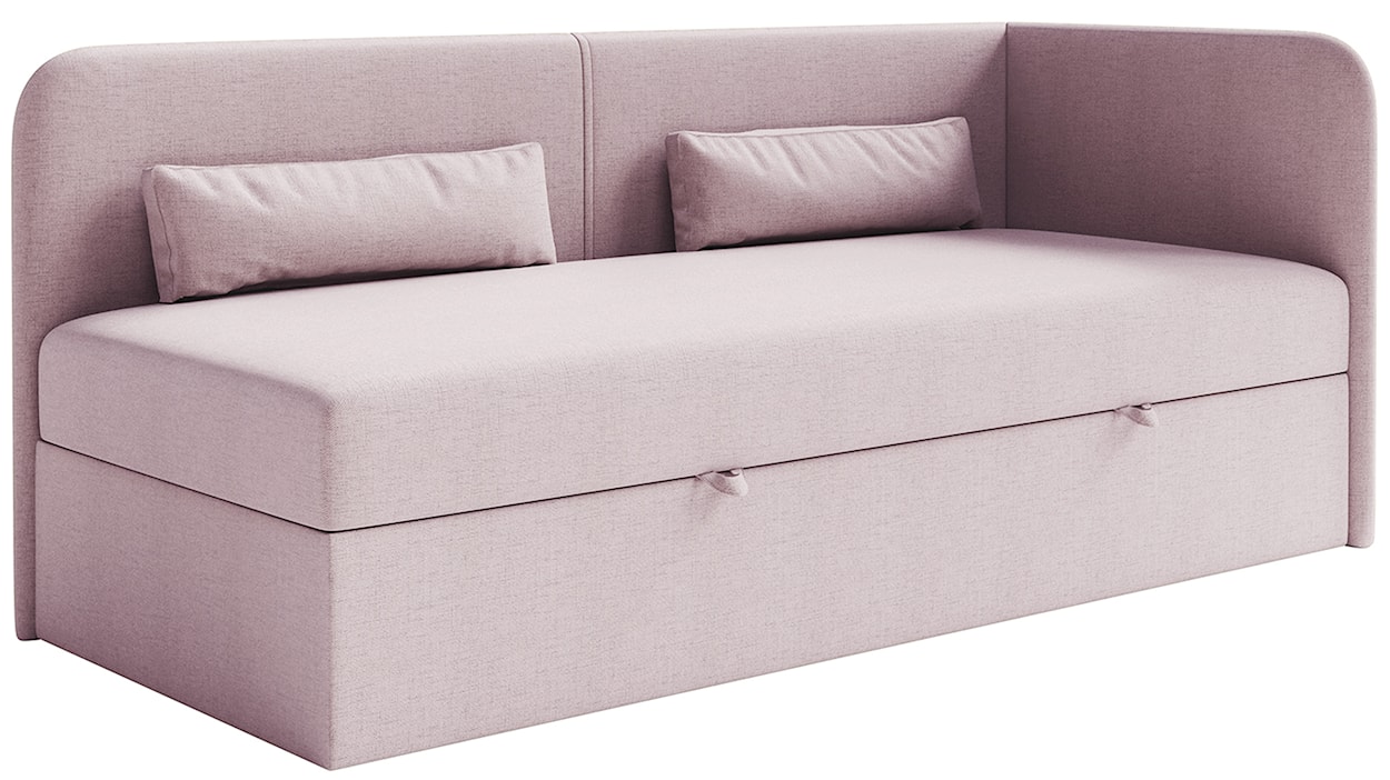 Łóżko młodzieżowe 90x200 cm Calmmo prawostronne z pojemnikiem różowe szenil hydrofobowy