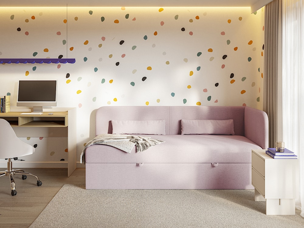 Łóżko młodzieżowe 90x200 cm Calmmo prawostronne z pojemnikiem różowe szenil hydrofobowy  - zdjęcie 2