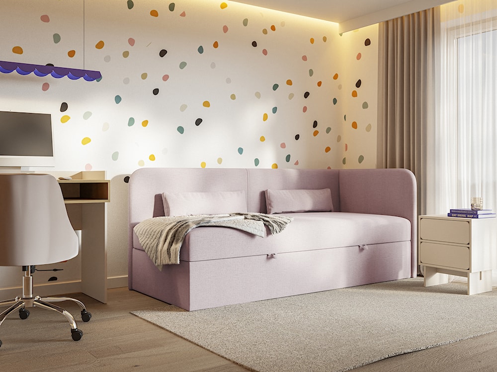 Łóżko młodzieżowe 90x200 cm Calmmo prawostronne z pojemnikiem różowe szenil hydrofobowy  - zdjęcie 4