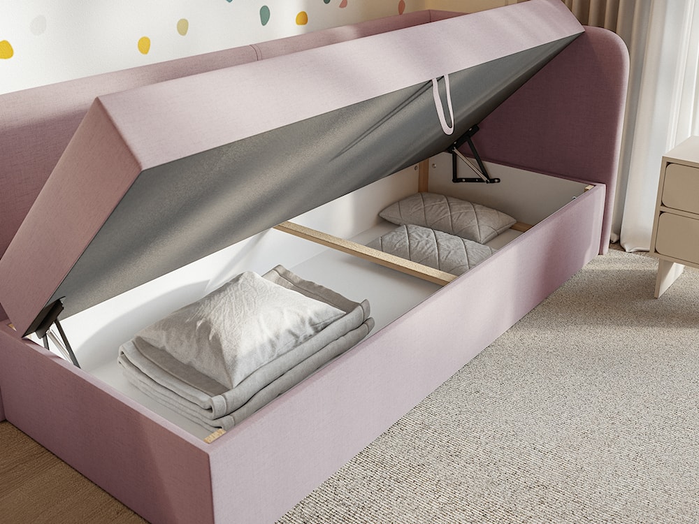 Łóżko młodzieżowe 90x200 cm Calmmo prawostronne z pojemnikiem różowe szenil hydrofobowy  - zdjęcie 3