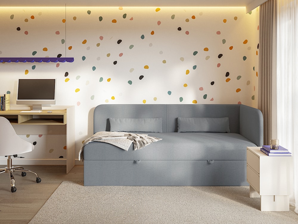 Łóżko młodzieżowe 90x200 cm Calmmo prawostronne z pojemnikiem ciemnoszare szenil hydrofobowy  - zdjęcie 2