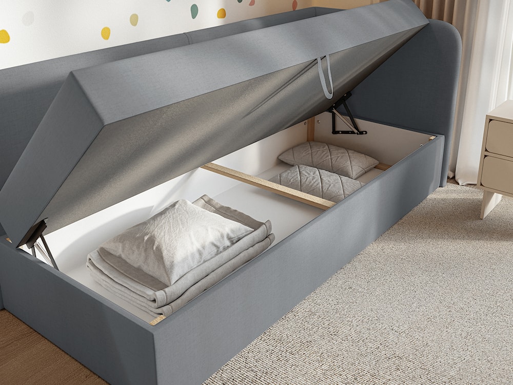 Łóżko młodzieżowe 90x200 cm Calmmo prawostronne z pojemnikiem ciemnoszare szenil hydrofobowy  - zdjęcie 3
