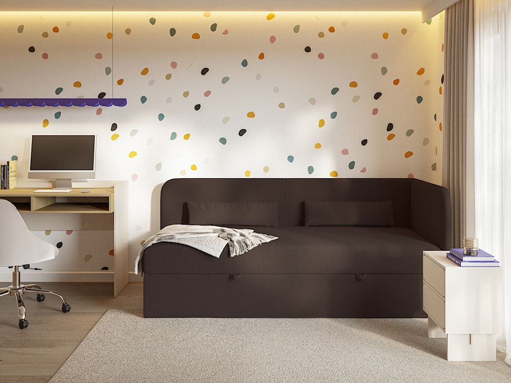 Łóżko młodzieżowe 90x200 cm Calmmo prawostronne z pojemnikiem ciemnobrązowe szenil hydrofobowy  - zdjęcie 2