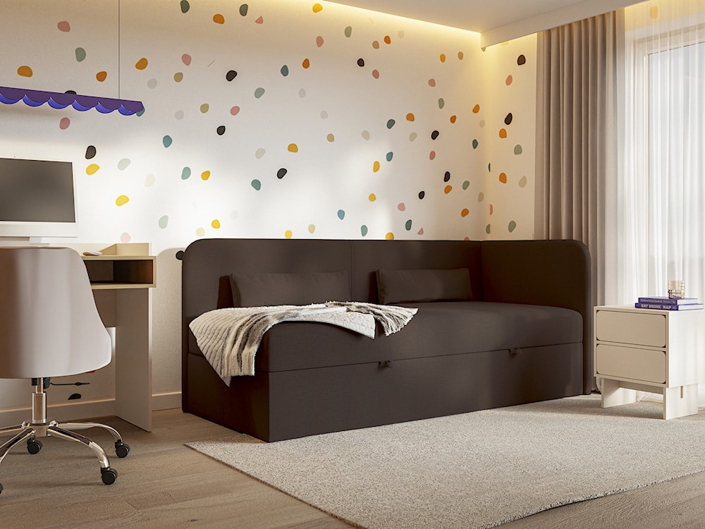 Łóżko młodzieżowe 90x200 cm Calmmo prawostronne z pojemnikiem ciemnobrązowe szenil hydrofobowy  - zdjęcie 4