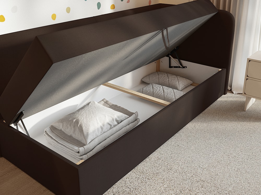 Łóżko młodzieżowe 90x200 cm Calmmo prawostronne z pojemnikiem ciemnobrązowe szenil hydrofobowy  - zdjęcie 3