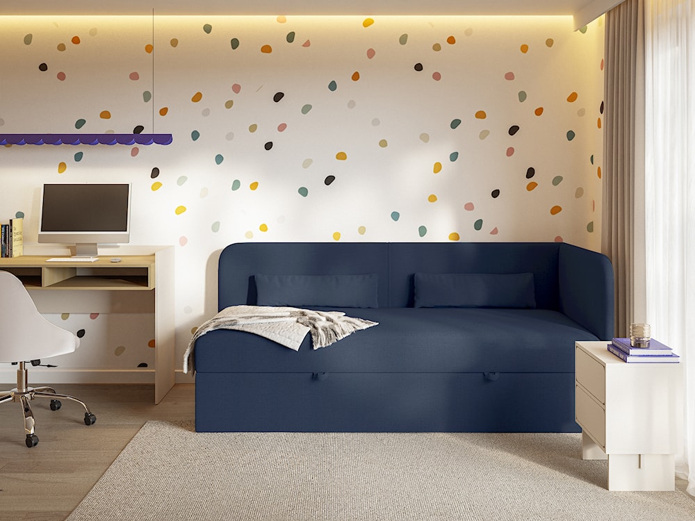 Łóżko młodzieżowe 90x200 cm Calmmo prawostronne z pojemnikiem granatowe szenil hydrofobowy  - zdjęcie 2
