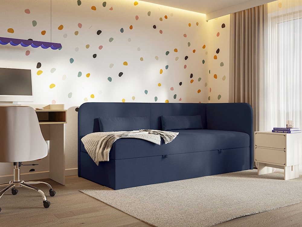 Łóżko młodzieżowe 90x200 cm Calmmo prawostronne z pojemnikiem granatowe szenil hydrofobowy  - zdjęcie 4