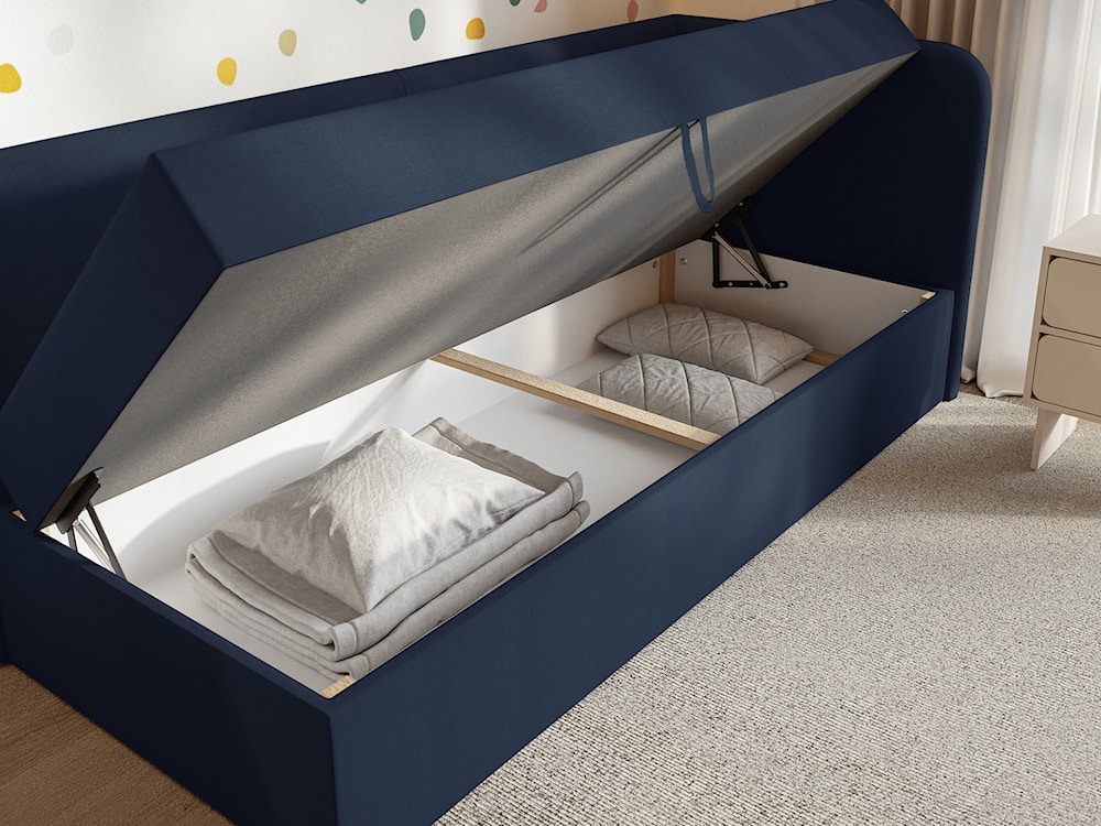 Łóżko młodzieżowe 90x200 cm Calmmo prawostronne z pojemnikiem granatowe szenil hydrofobowy  - zdjęcie 3