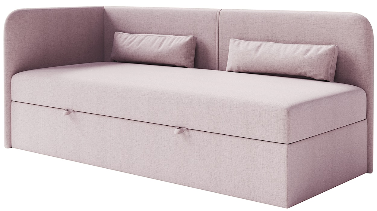 Łóżko młodzieżowe 90x200 cm Calmmo lewostronne z pojemnikiem różowe szenil hydrofobowy