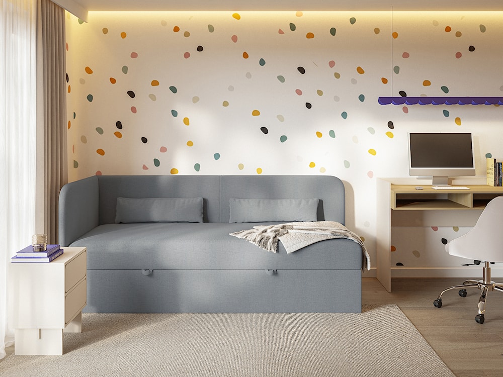 Łóżko młodzieżowe 90x200 cm Calmmo lewostronne z pojemnikiem ciemnoszare szenil hydrofobowy  - zdjęcie 2