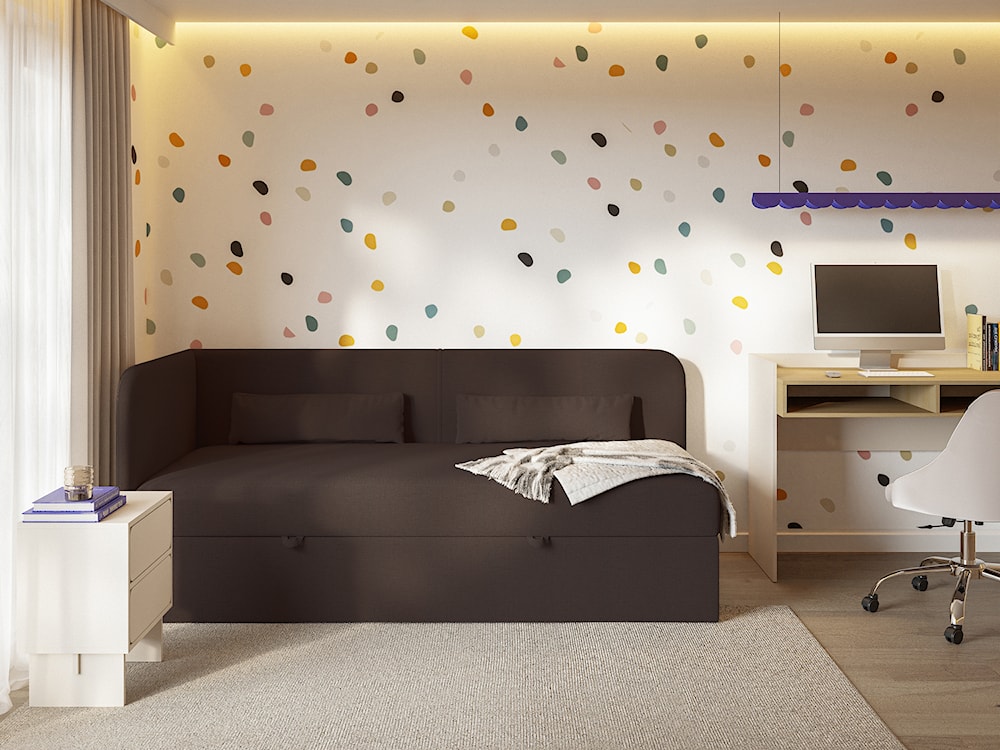 Łóżko młodzieżowe 90x200 cm Calmmo lewostronne z pojemnikiem ciemnobrązowe szenil hydrofobowy  - zdjęcie 2