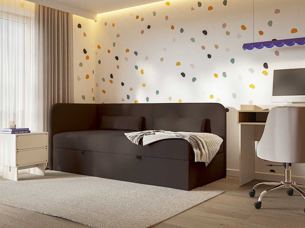 Łóżko młodzieżowe 90x200 cm Calmmo lewostronne z pojemnikiem ciemnobrązowe szenil hydrofobowy  - zdjęcie 4