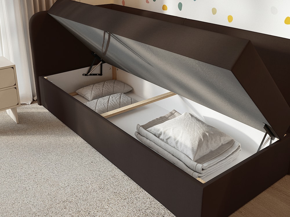 Łóżko młodzieżowe 90x200 cm Calmmo lewostronne z pojemnikiem ciemnobrązowe szenil hydrofobowy  - zdjęcie 3