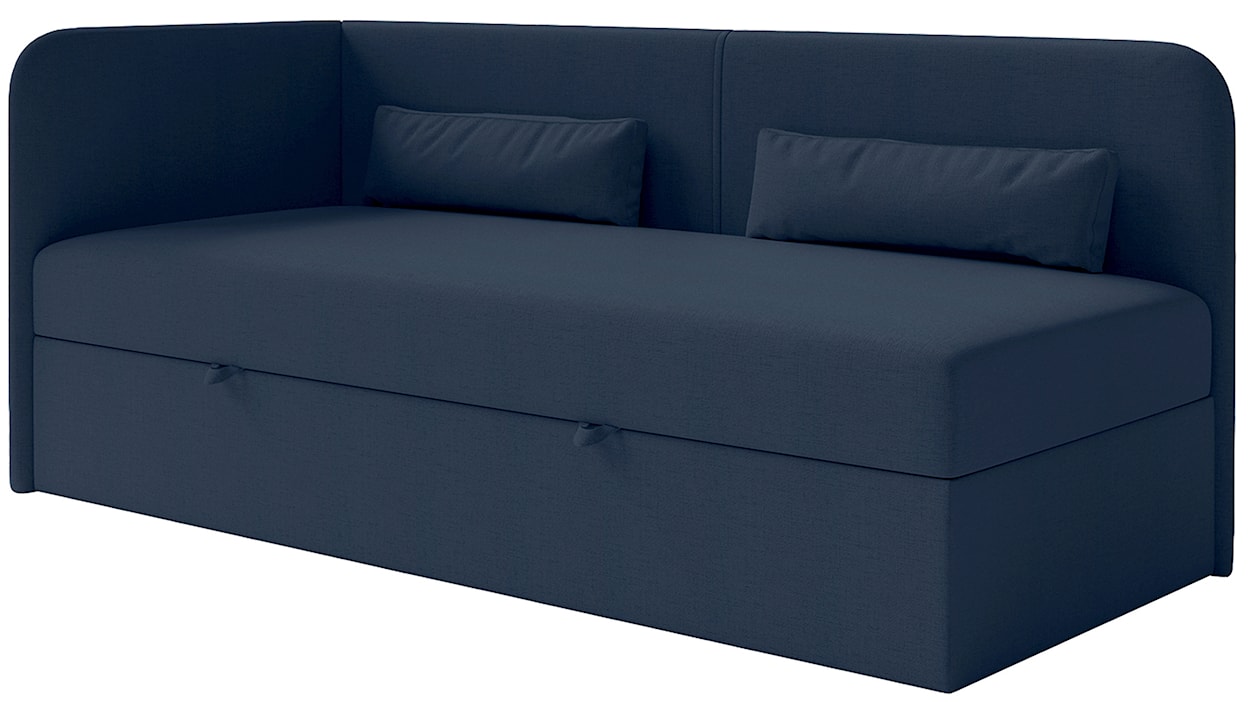 Łóżko młodzieżowe 90x200 cm Calmmo lewostronne z pojemnikiem granatowe szenil hydrofobowy