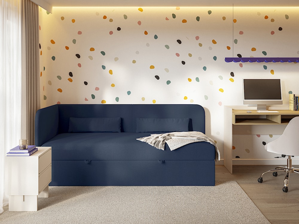 Łóżko młodzieżowe 90x200 cm Calmmo lewostronne z pojemnikiem granatowe szenil hydrofobowy  - zdjęcie 2