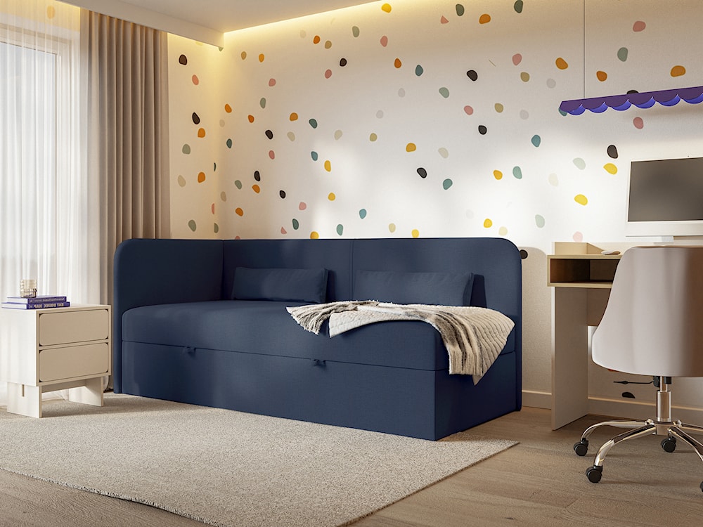Łóżko młodzieżowe 90x200 cm Calmmo lewostronne z pojemnikiem granatowe szenil hydrofobowy  - zdjęcie 4
