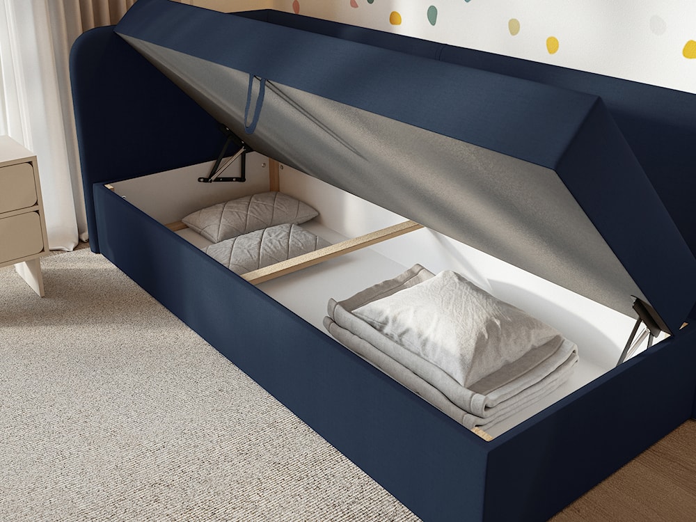 Łóżko młodzieżowe 90x200 cm Calmmo lewostronne z pojemnikiem granatowe szenil hydrofobowy  - zdjęcie 3