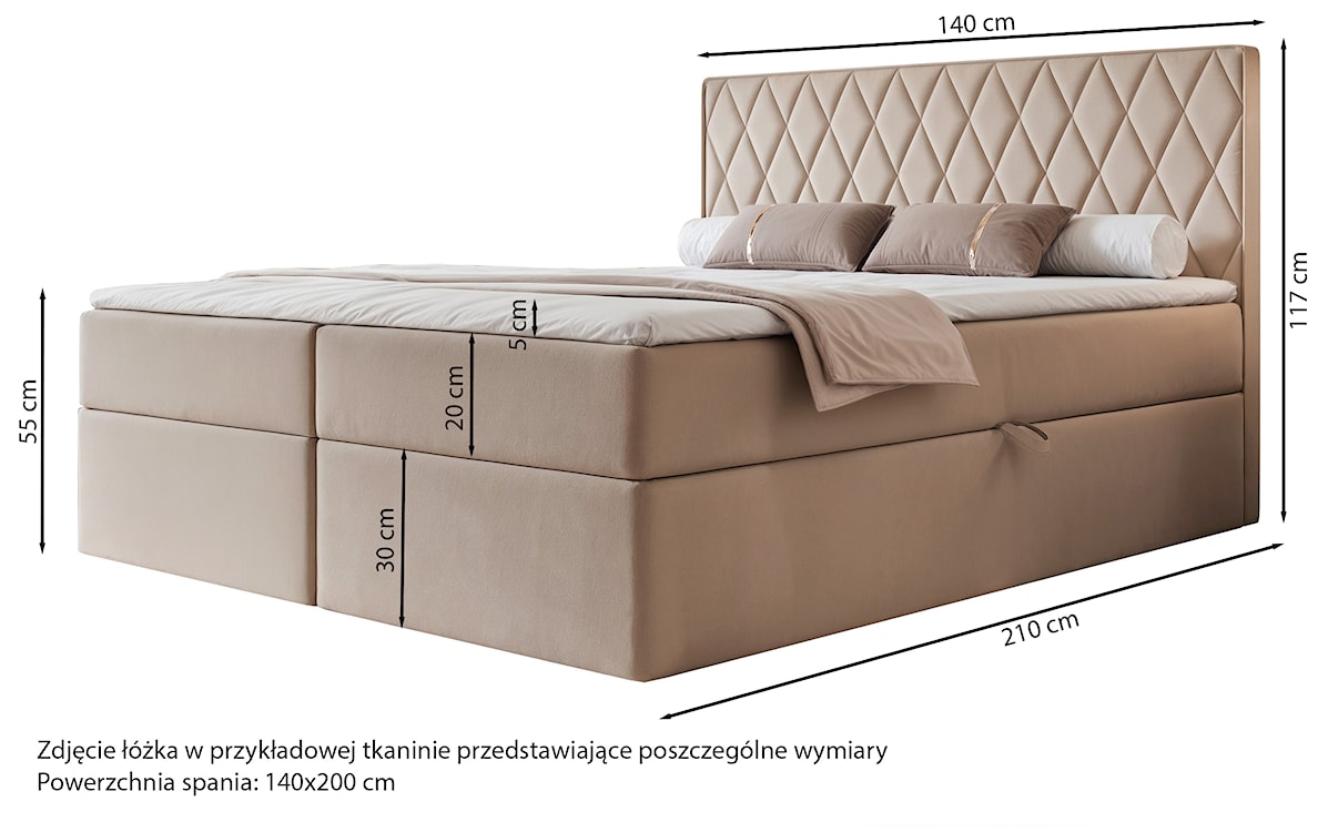 Łóżko kontynentalne 140x200 cm Carenzo z materacem bonellowym i topperem beżowe szenil hydrofobowy  - zdjęcie 4