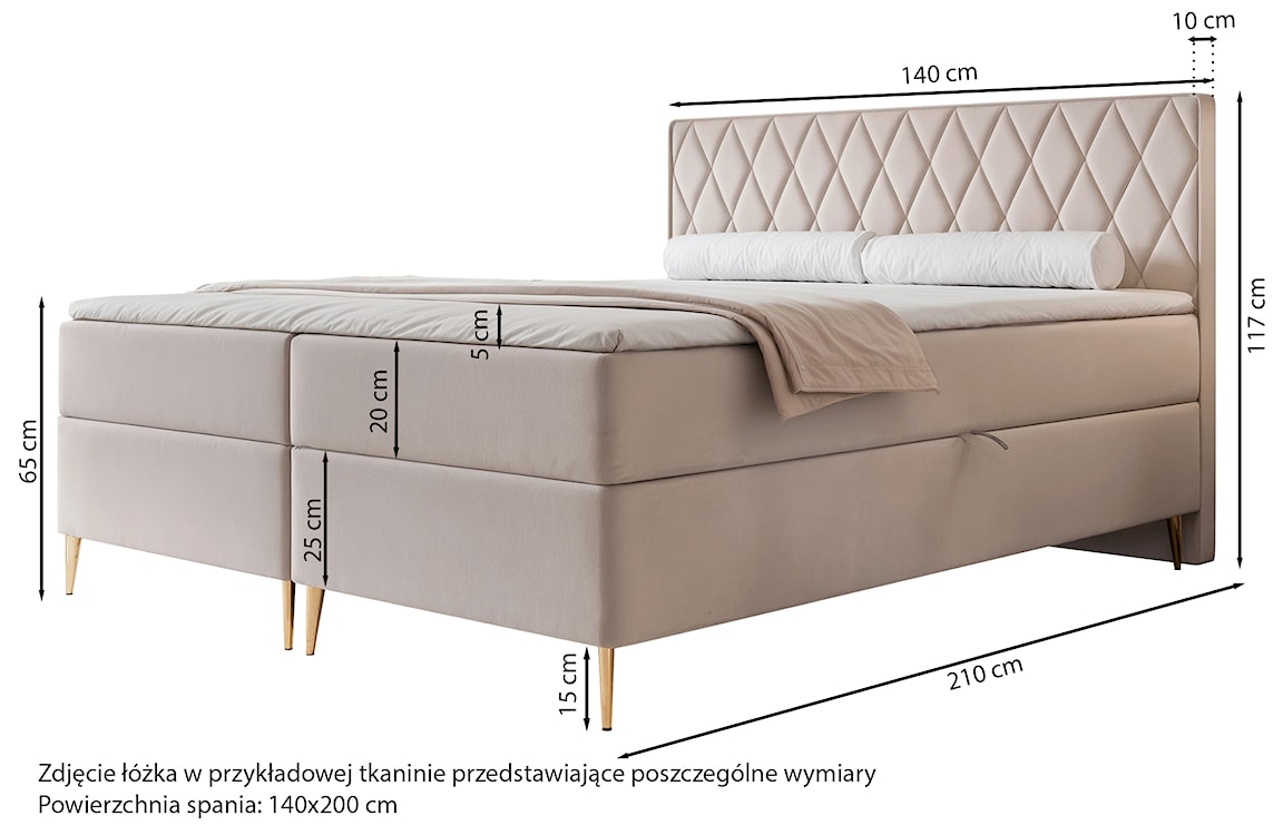 Łóżko kontynentalne 140x200 cm Caresso z materacem bonellowym i topperem beżowe szenil hydrofobowy  - zdjęcie 4