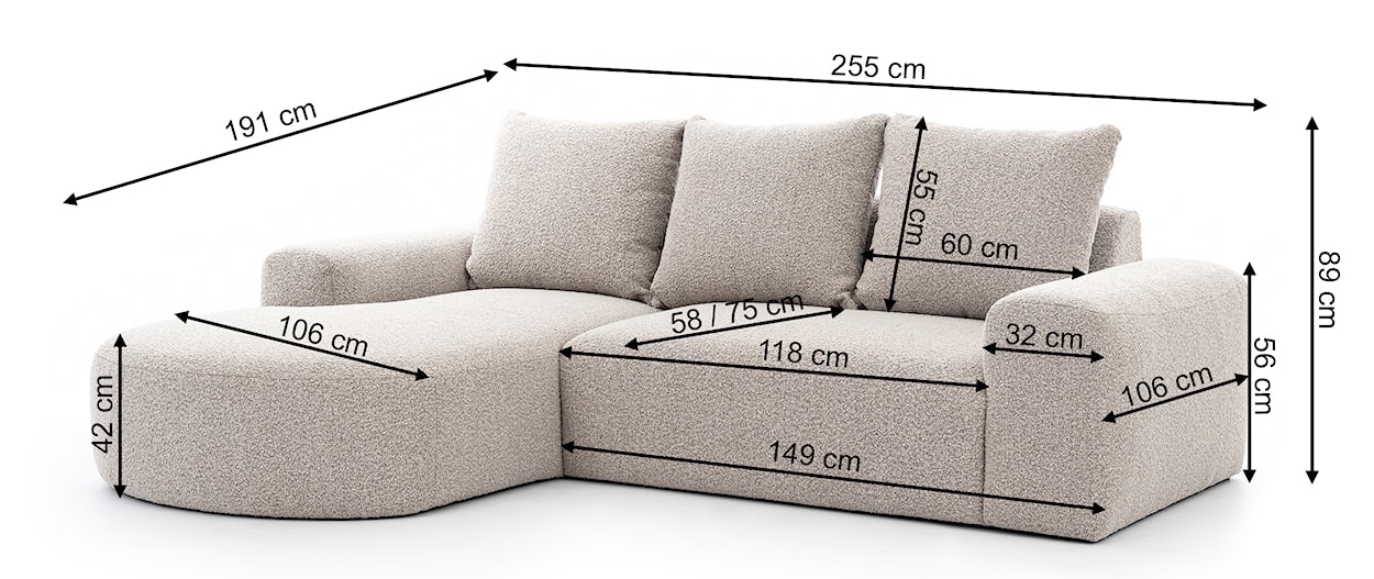 Narożnik modułowy Castellina L-kształtny 255 cm mniejszy ciemnobeżowy w tkaninie boucle prawostronny  - zdjęcie 4