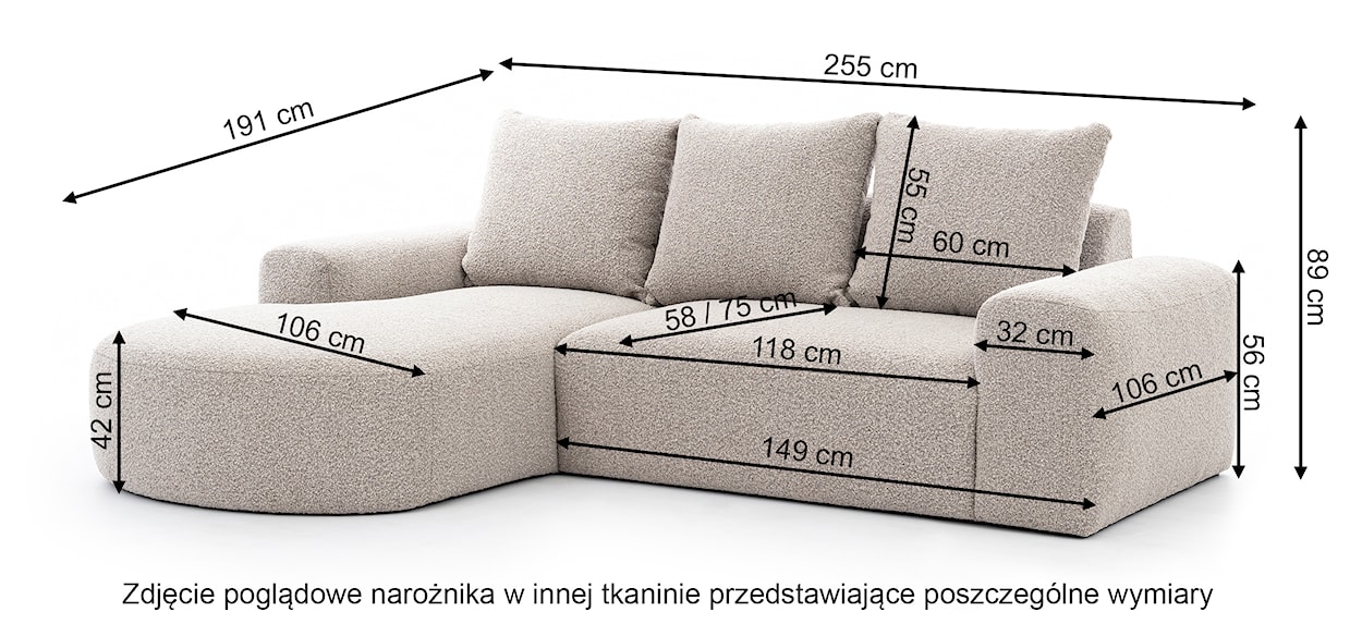 Narożnik modułowy Castellina L-kształtny 255 cm mniejszy kremowy w tkaninie boucle prawostronny  - zdjęcie 4