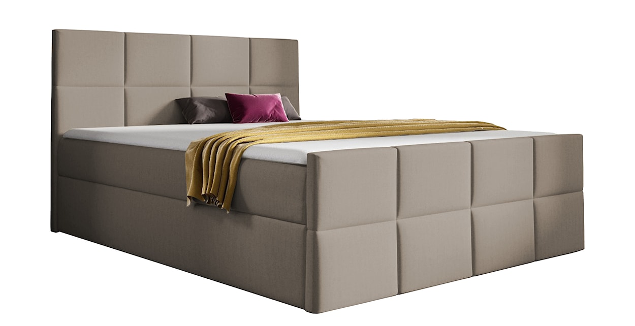 Łóżko kontynentalne Rubicos 180x200 z dwoma pojemnikami, materacem i topperem jasnobrązowe hydrofobowe 