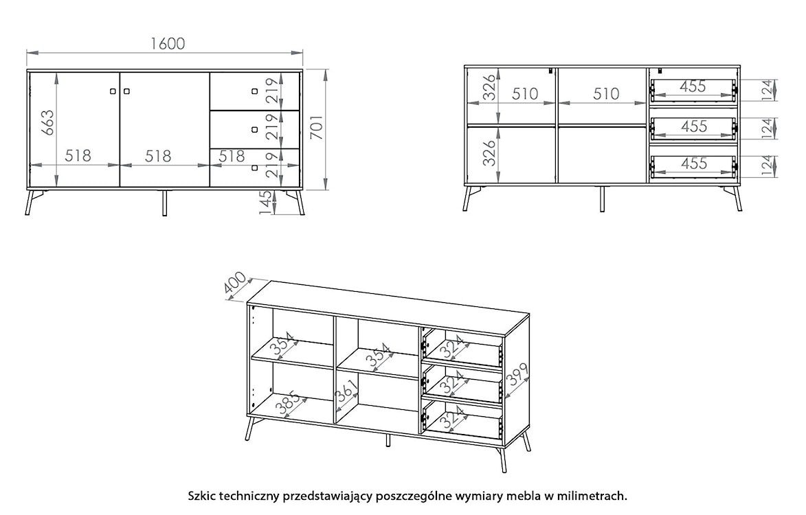 Komoda dwudrzwiowa Sivly 160 cm z trzema szufladami dąb castello/czarny  - zdjęcie 9