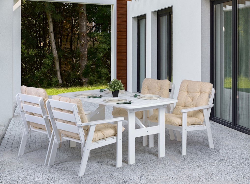 Zestaw mebli ogrodowych Avoints drewno sosnowe stół z 4 krzesłami biały z beżowymi poduszkami  - zdjęcie 2