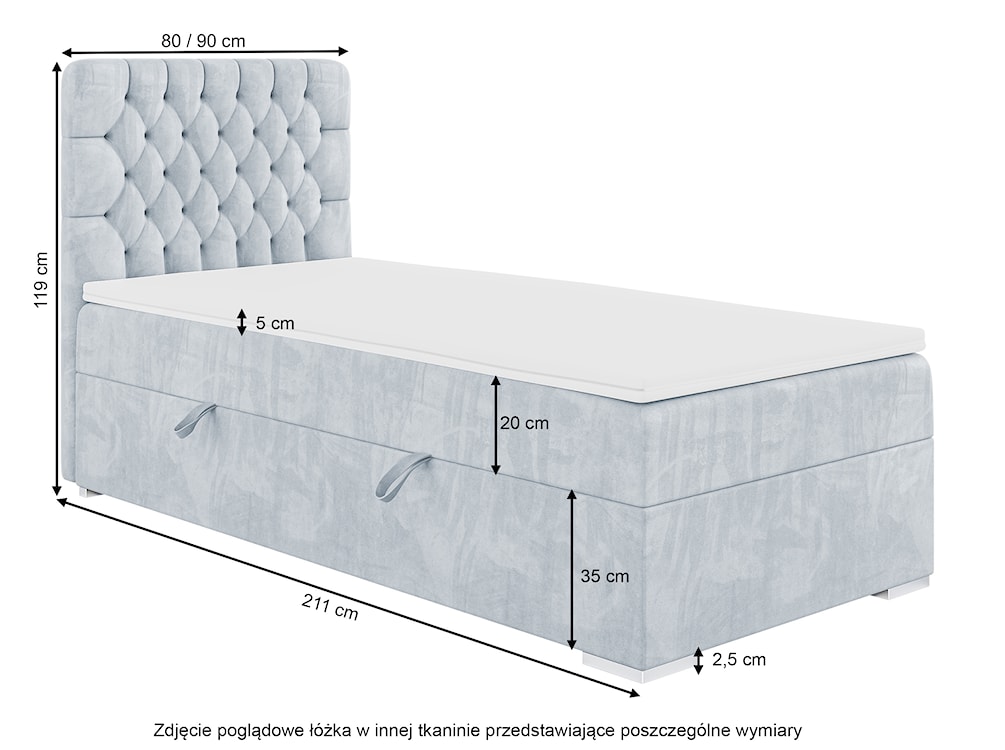 Łóżko kontynentalne 90x200 cm Persival z pojemnikiem i topperem szarobeżowe welur lewostronne  - zdjęcie 3