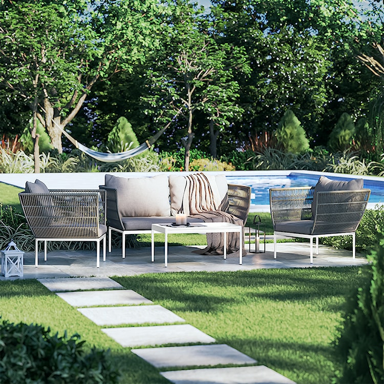 Zestaw mebli ogrodowych Sansuna w stylu boho sofa z dwoma fotelami i stolikiem plecionka  - zdjęcie 6