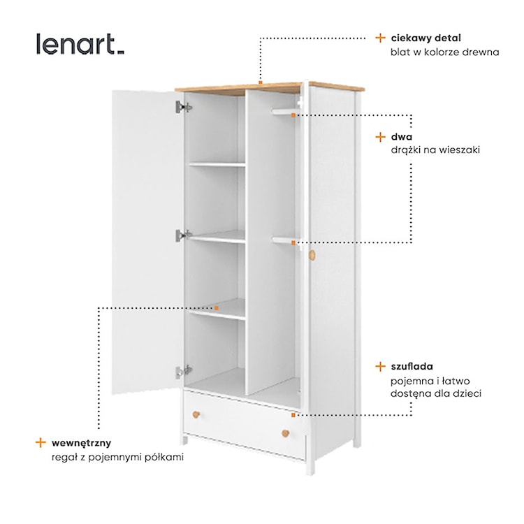 Szafa dwudrzwiowa do pokoju dziecięcego Story z szufladą i półkami biała - dąb nash  - zdjęcie 6