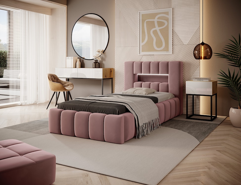 Łóżko tapicerowane 90x200 cm Rodeiro z pojemnikiem i oświetleniem różowe w tkaninie hydrofobowej  - zdjęcie 2